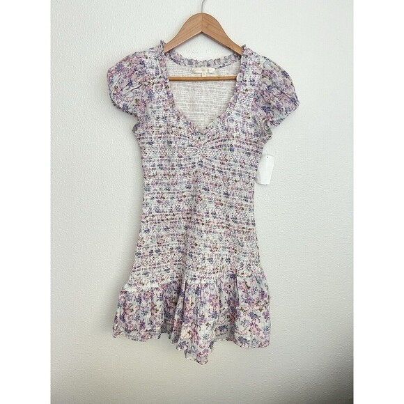 LOVESHACKFANCY Floral Smocked Mini Dress Puff Sleeve Asymmetric Ruffle Coquette - Picture 6 of 13